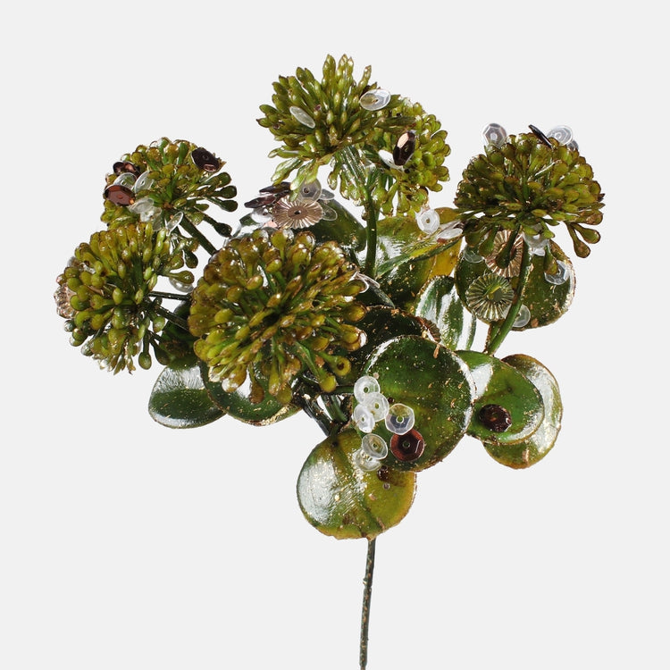 Lehtioksa vihreä-kultainen paljeteilla 22 cm - Tekokukat