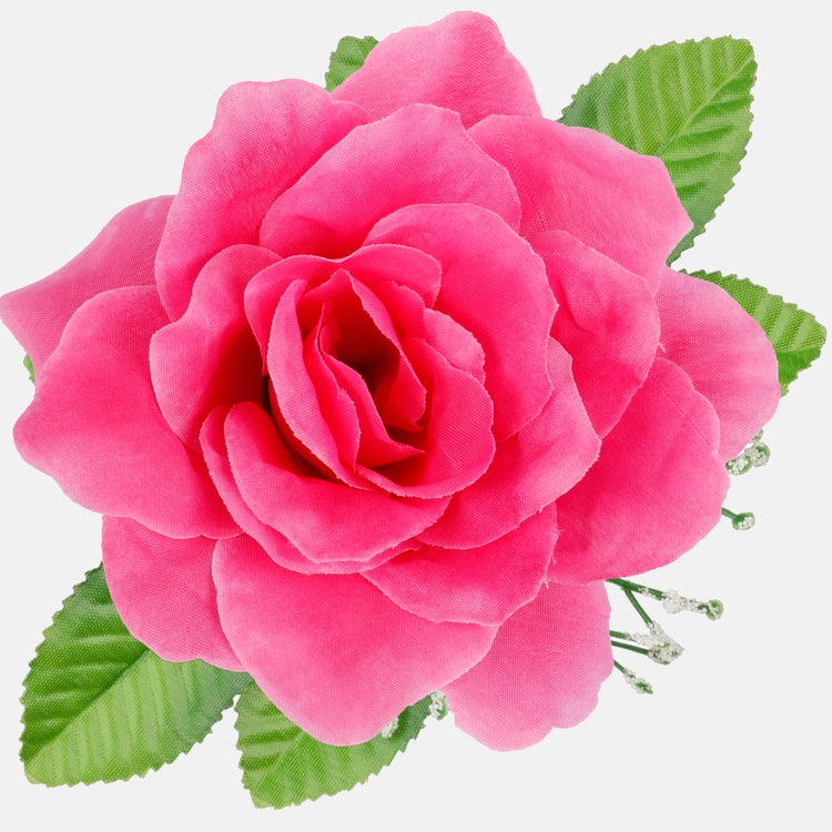 Pinkki ruusu tekokukkapää lehdillä Ø12 cm - Tekokukat