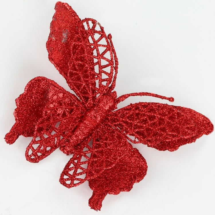 Punainen koristeperhonen glitterillä 12 cm - Tekokukat