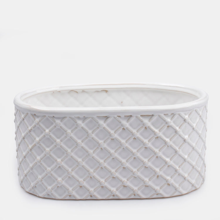 Valkoinen soikea keramiikkateline 29.5 cm - Tekokukat