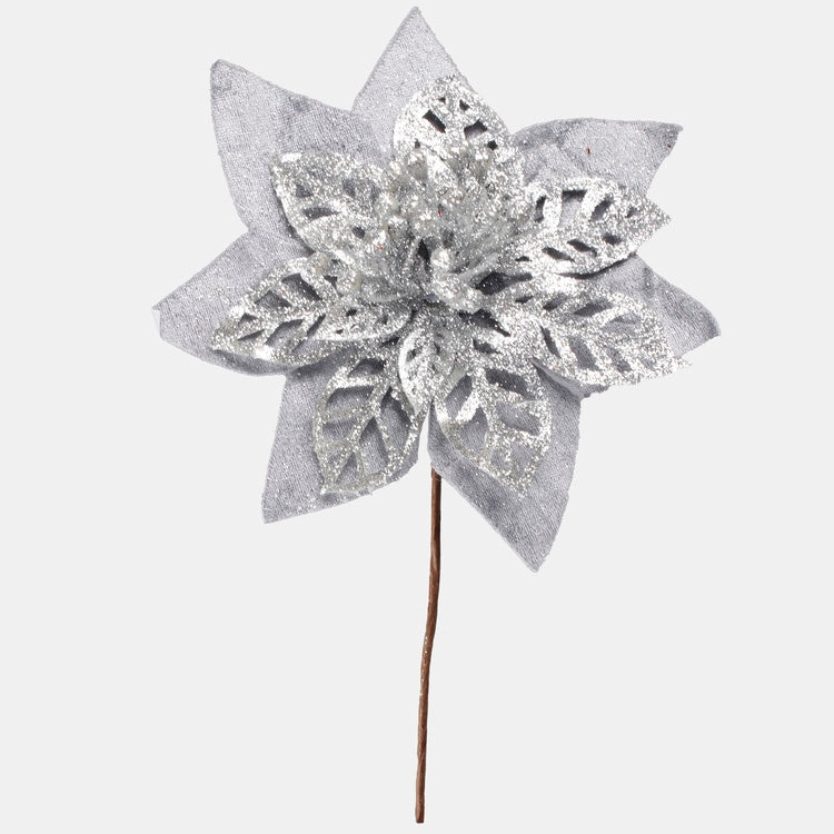 Harmaa glitter joulutähti tekokukka 24 cm - Tekokukat