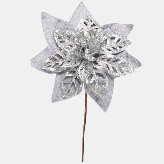 Harmaa glitter joulutähti tekokukka 24 cm - Tekokukat
