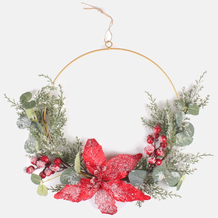 Luminen punainen poinsettiakranssi Ø31 cm - Tekokukat