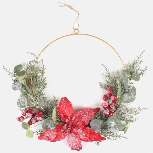 Luminen punainen poinsettiakranssi Ø31 cm - Tekokukat