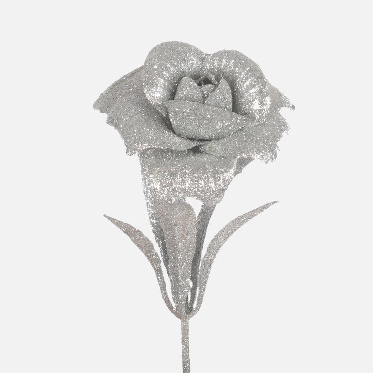Glitterkoristeinen hopeanvärinen ruusu 28 cm - Tekokukat